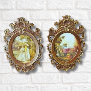Vintage Italië Print op zijde Set van 2 vierkanten Ovale mallen Goud Brons lijsten Gedecoreerde lijsten Woondecoratie Wanddecoratie Woondecoratie