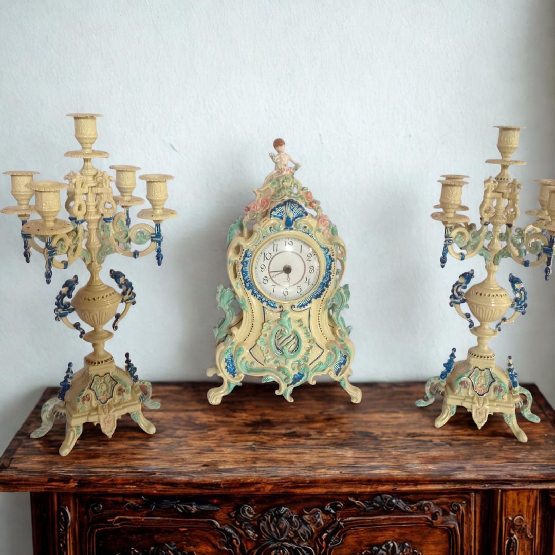 Antique Italian Enamel & Brass Mantel Clock Set, 3-piece Rococo