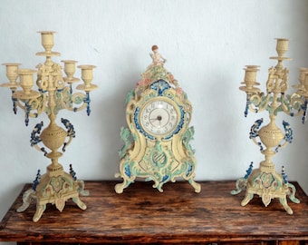 Antique Italian Enamel & Brass Mantel Clock Set, 3-piece Rococo