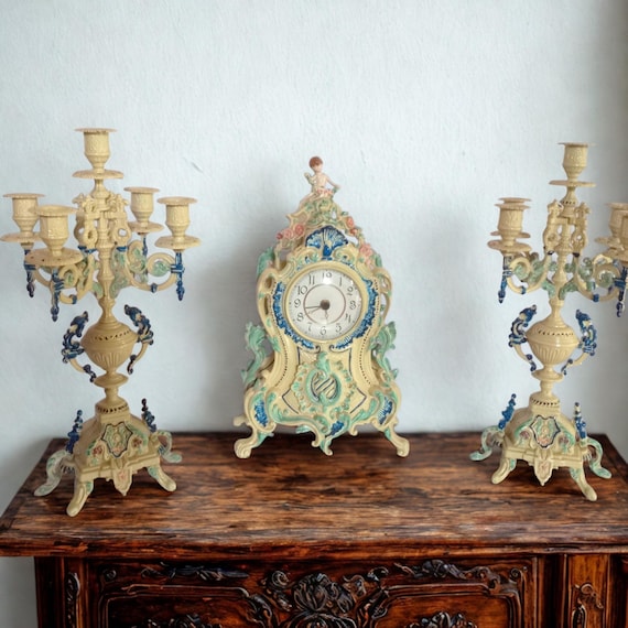 Milky様 オルゴナイト お纏め 1.16 ❶ Antique Italian Enamel & Brass Mantel Clock Set, 3-piece Rococo