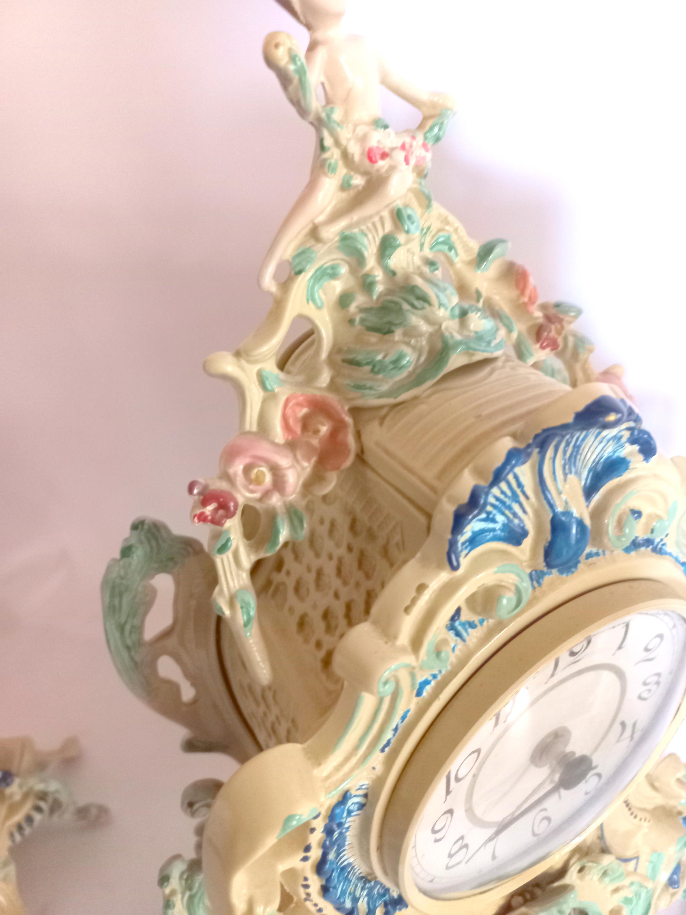 Antique Italian Enamel & Brass Mantel Clock Set, 3-piece Rococo