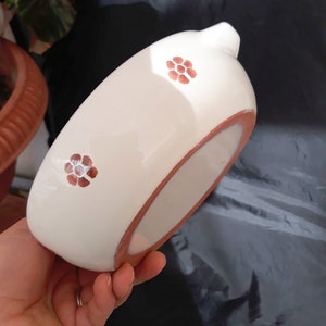 May include: White ceramic bowl with a brown rim and two brown floral designs. The bowl is being held by a hand.
