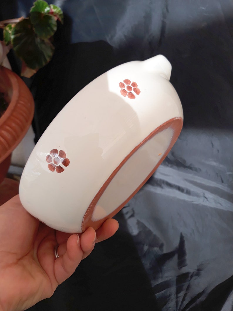 May include: White ceramic bowl with a brown rim and two brown floral designs. The bowl is being held by a hand.