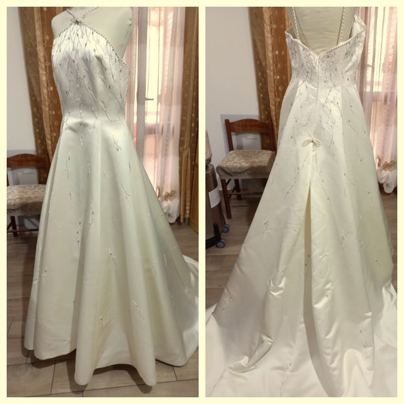 New Satin Beaded Sequined Wedding Dress Cream Col… - image 1