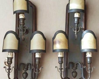 Pair of Large Neoclassical Wall Sconces-66cm (26") Tall-Solid Wood & Burnished Brass - Empire Style 3-Light Lamps - Set of 2 - Made in Italy