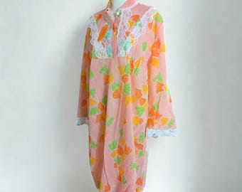 Vintage Italy nightdress Italy 1970s Orange color Floral pattern Lace trim Luxury lingerie 70s
