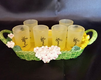 Vintage Italia "Amalfi" Limoncello Shot glasses service Frosted glass Resin tray Yellow color Tray with lemons and flowers Christmas gift