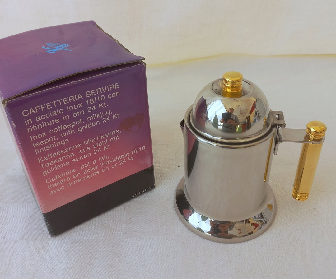 Italian Coffee Serving Set Inox 18/10 Golden Plated 24kt Coffee Maker Sugar  Bowl Milk Pot Tea Pot on Tray Made in Italy Christmas Gift 