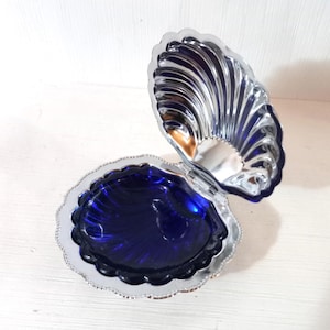 Vintage Italy bowl, Shell-shaped plate with blue glass lining, Caviar plate, Butter dish