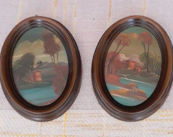 Oil painting Couple of squares Landscape painted on copper Oval frame painting Country landscapes Decoration to hang On the wall