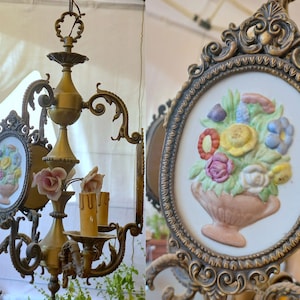 3 light pendant lamp Antique Tole Chandelier Brass cage with porcelain medallions Porcelain flowers Pink roses Vintage Italian lighting 1950