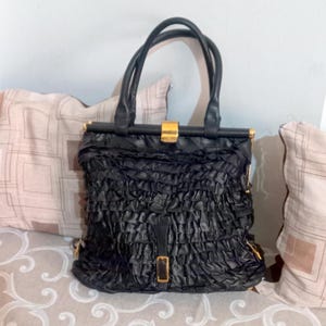 Authentic Valentino Garavani Black Leather Ruffled Handbag Made in Italy Serial Number Luxury Vintage Nappa Purse Y2K Goth Designer Bag image 5