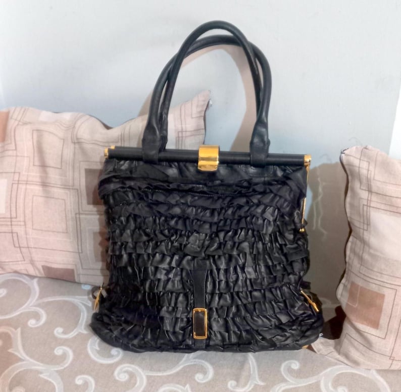 Authentic Valentino Garavani Black Leather Ruffled Handbag Made in Italy Serial Number Luxury Vintage Nappa Purse Y2K Goth Designer Bag image 5