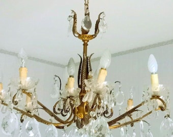 Huge Antique Italian Brass Chandelier Crystal drops Mid Century Gold Tole Crystal Ceiling Light