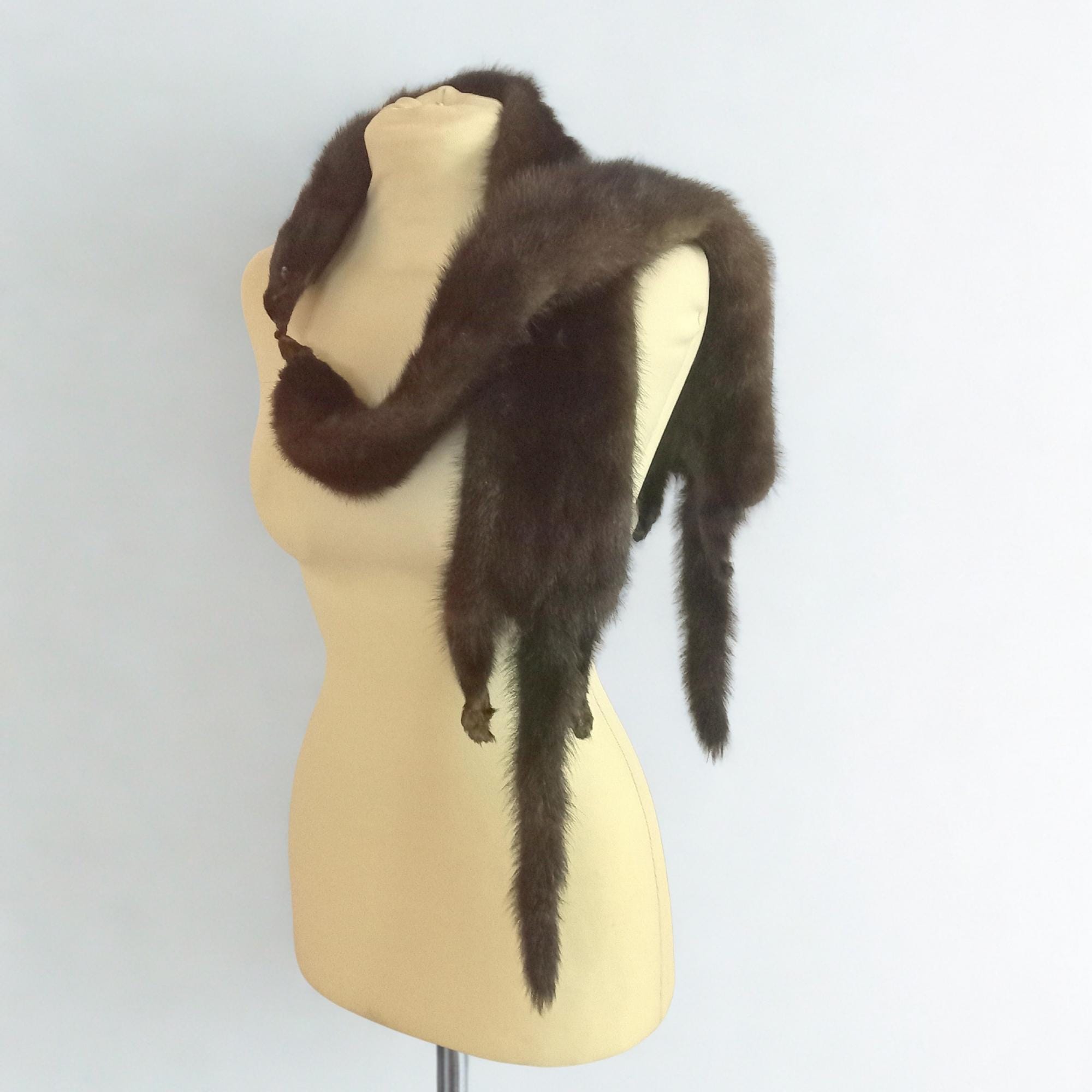 Vintage 70s Real Mink Fur Stole - Full Pelt With Heads and Paws