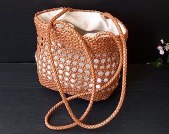 Vintage Italy "ZARA" Bag with eco-leather handles Woven net bag and linen fabric with lace Vintage shoulder bag Brown color Summer bag