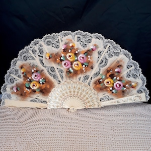 Rare Large fan 65x35 cm Fan woman Hard plastic Lace Hand painted Vintage Italy 1970s Mother&#39;s day gift