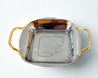 Cuenco de acero Vajilla vintage Vajilla de acero Cuenco cuadrado Hecho en Italia Acero inoxidable Acabados en oro de 24 quilates Centro de mesa con cuenco de acero Plateau