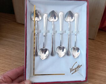 Set of 6 "Bugatti" coffee spoons Vintage 1970s Silver plated Vintage Heart Spoons Coffee or tea spoons Original box  Vintage spoons