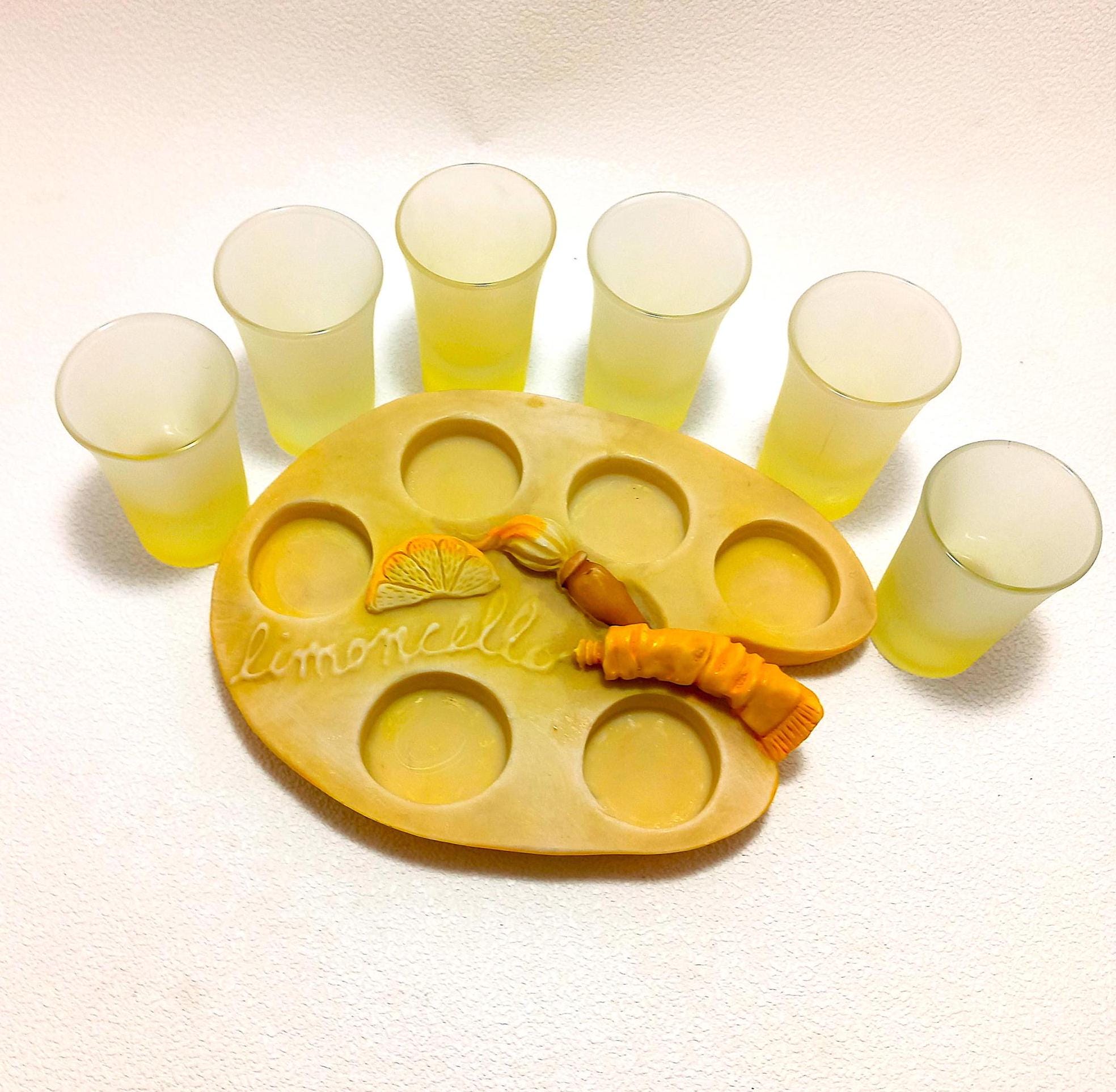 Vintage Italia Limoncello Shot glasses service Frosted glass Resin tray Yellow color Tray with lemons and flowers Christmas gift