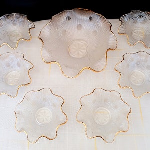 Fruit salad bowl set 7 pieces of crystal Wavy edge decorated with pure gold Handwork Vintage Italy 1970s Glass bowls Table service Gift idea