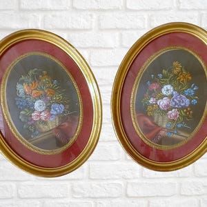 Par de cuadrados 10" x 8" Pintura al óleo Flores Firma del autor Marco de madera Decoraciones colgantes En la pared Hogar Oficina Regalo Día de la madre