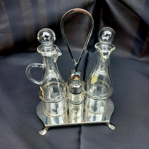 Vintage ORL Silver Plated Cruet Set - Hand-Blown Pyrex Glass - Italian Mid-Century Oil, Vinegar, Salt & Pepper Menage - Footed Silverware
