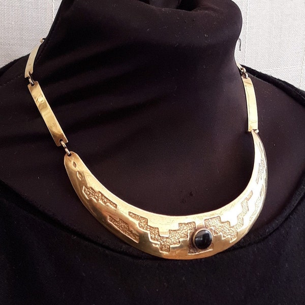 Collier Choker Vintage Italy Brass decorated 50's Black onyx decoration Cleopatra style Women's accessories Vintage necklace Gift for her