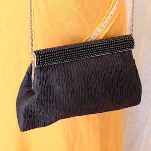 Ceremony bag Gold-Black  With chain shoulder Vintage Italy Elegant bag Gift idea Satin shoulder bag Black beads decoration Christmas gift