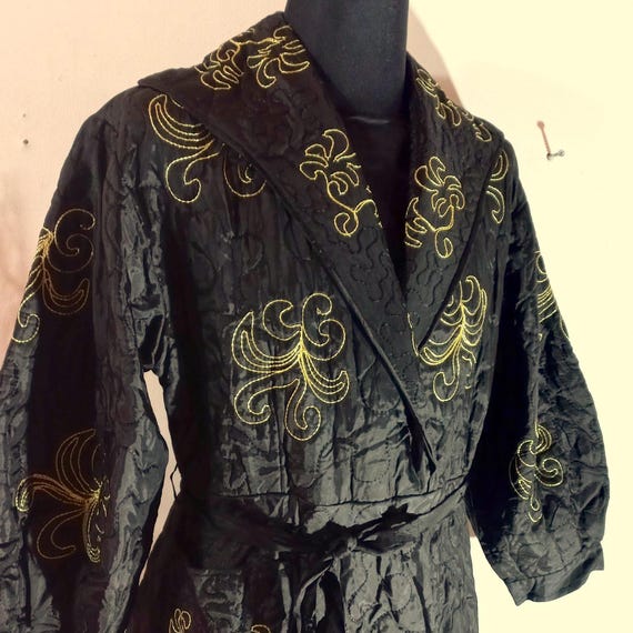 Elegant Quilted Dressing Gown Gold Embroidery Tailored Dressing Gown Handmade Plus Size Black-Gold Color Dressing Gown Home Dress Women's View 2
