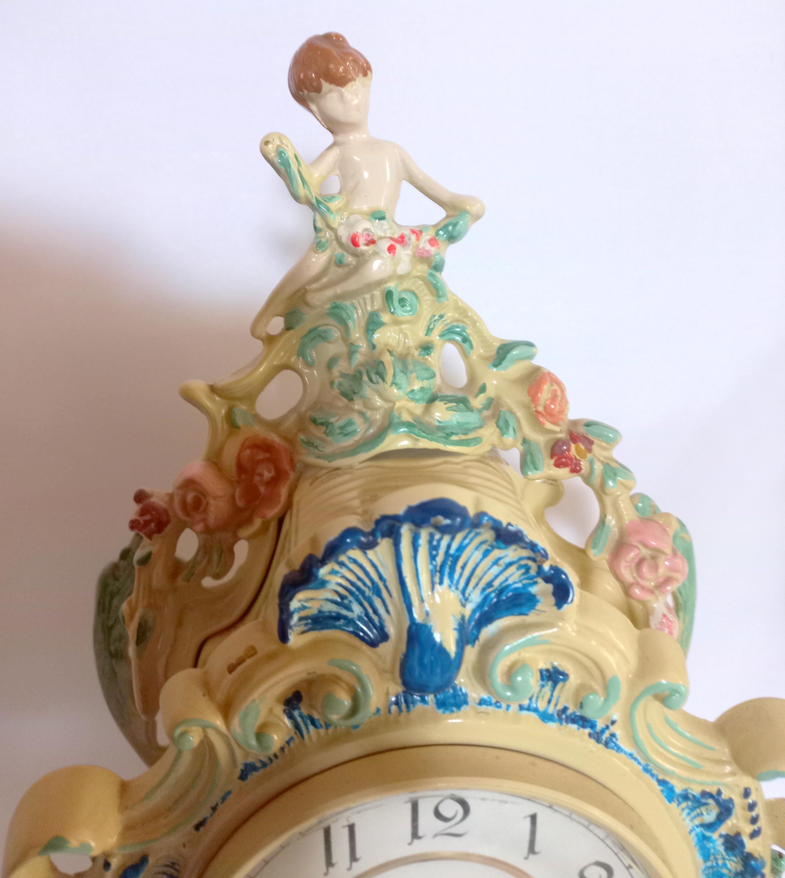 Antique Italian Enamel & Brass Mantel Clock Set, 3-piece Rococo
