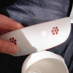 May include: White ceramic bowl with a red floral design. The bowl is slightly curved and has a lip around the edge.