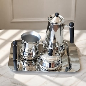 Stainless Steel Espresso Moka Pot Set (4 Cups) with Sugar Bowl, Milk Jug, Tray