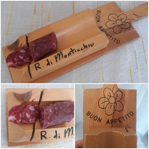 Vintage Italien 80er Jahre Holz Schneidebrett Handgemacht Salami Slicer Souvenir von Monticchio Souvenir von Italien Zum Aufhängen an der Wand Weihnachtsgeschenk