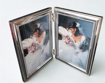 Nuevo marco de fotos doble plateado, fabricado en Italia. Marco de fotos con forma de libro. Biblioteca de recuerdos. Decoración para el hogar. Regalo de boda. Regalo de Navidad.