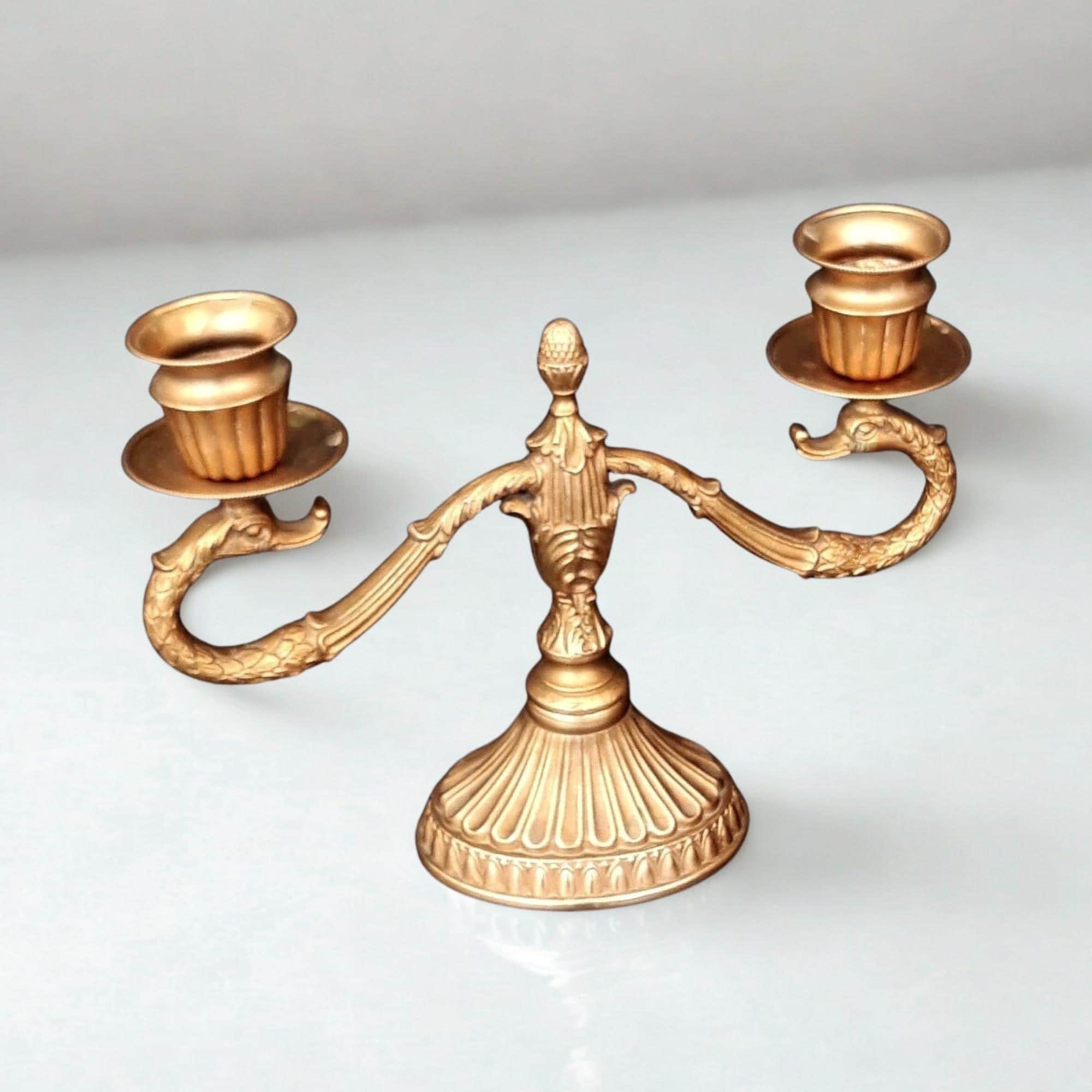 Rare Vintage Italy Dragon Heavy Brass Candle Holder Decorated