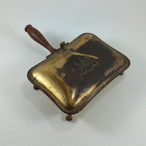 Early 1900s Ancient brass box with handle Crumb catcher with coat of arms Collectible Desk snuffbox with wooden handle Vintage Italy 1920s
