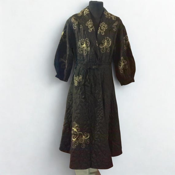 Elegant Quilted Dressing Gown Gold Embroidery Tailored Dressing Gown Handmade Plus Size Black-Gold Color Dressing Gown Home Dress Women's