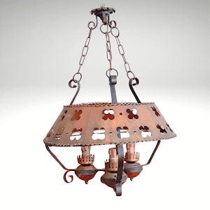 Extremely rare Large 105 cm Antique chandelier 1930s-40s Wrought iron and copper Rustic furniture Farmhouse Country house Rustic restaurant