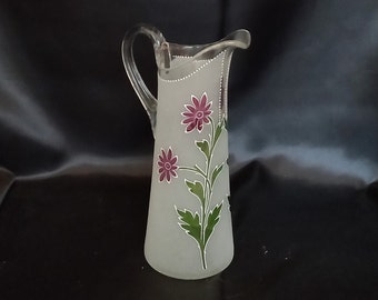 Rare 33 cm 13" Large Wine Jug Hand Made and Painted Vintage Decanter Frosted Glass Painted Flowers Vintage Water Jug Collectible Vintage