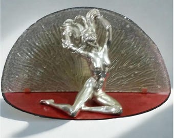 Lámpara de bailarina plateada de regalo internacional vintage, abanico de cristal de Murano, gran escultura de luz Art Déco