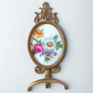 Vintage Brass, Ceramic Floral Oval Frame, Italy 1950, Home Decor