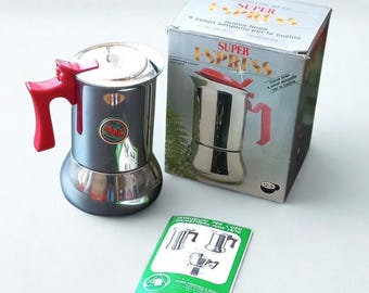 Grande machine à expresso Nanni Super, 12 tasses moka en acier inoxydable, 18/10 Italie neuf ancien stock, cafetière italienne vintage avec boîte