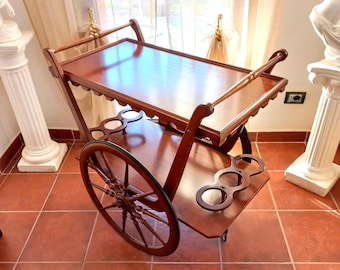 Rare Large-Wheel Italian Bar Cart - Handcrafted Mid-Century Serving Trolley - 4-Wheel Model with Solid Brass Accents - 1960s Luxury Home Bar