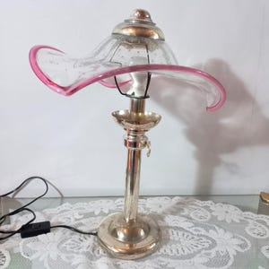 Large Designer Lamp Hat Lampshade Murano Glass Vintage 60s Silver Plated Metal Silver Lamp Modern table lamp Lampshade in Murano glass
