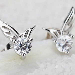Silver Crystal Angel Wings Stud Earrings Luxury Silver with gift box