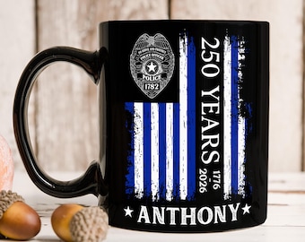 250th Anniversary USA Police Officer Coffee Mug, Patriotic American Flag, Police Thin Blue Line Gift for Dad Cop Men, America 250 Mug Gift