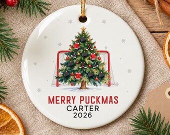 Ice Hockey Christmas 2026 Ornament, Merry Puckmas Ornament for Player, Sports Christmas Decoration, Hockey Gift for Hockey Fan, Men, Boy