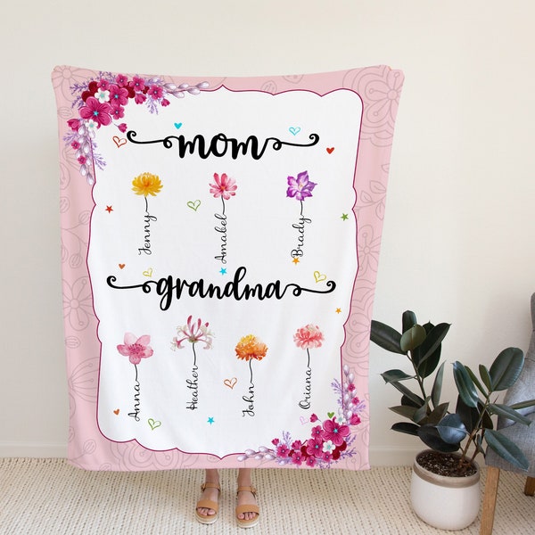 Personalized Gift Ideas For Mom And Grandma, Custom Birth Month Flower Blanket, Gift From Grandchild.