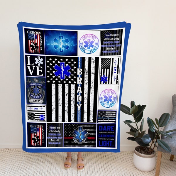 Custom EMS EMT Paramedic Thin White Line Blanket, Personalized The Star Of Life US Flag, Rod Of Asclepius Symbol, Gift For Medical Worker.